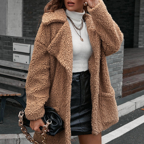 Single Breasted Bubble Fleece Jacket Loose Lapel Lamb Fleece Trench Coat - ROUTINE FASHION